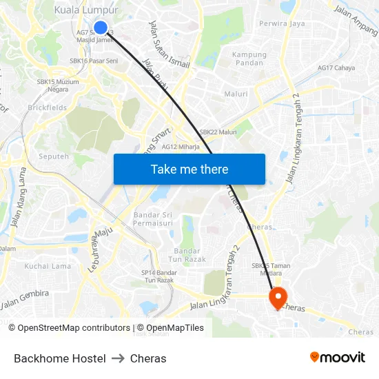 Backhome Hostel to Cheras map