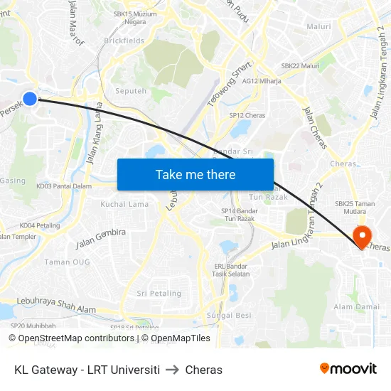 KL Gateway - LRT Universiti to Cheras map