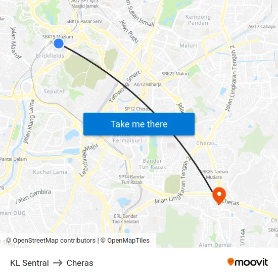 KL Sentral to Cheras map