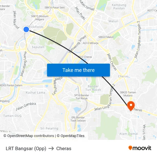 LRT Bangsar (Opp) to Cheras map