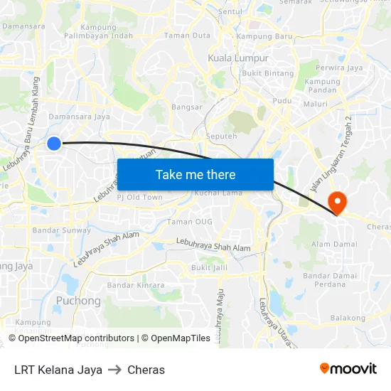 LRT Kelana Jaya to Cheras map