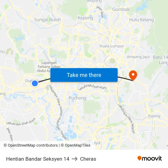 Hentian Bandar Seksyen 14 to Cheras map