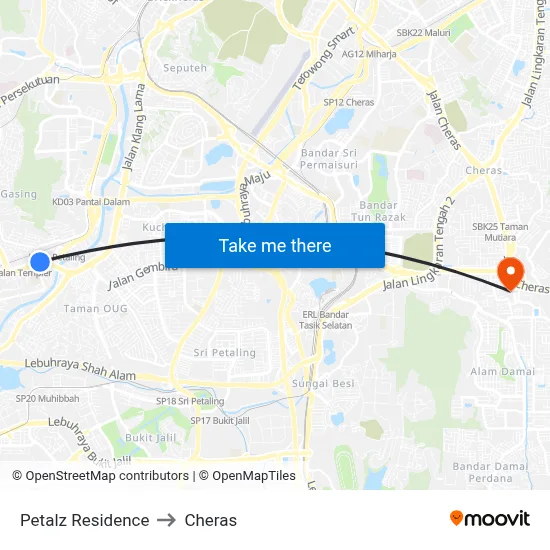 Petalz Residence to Cheras map