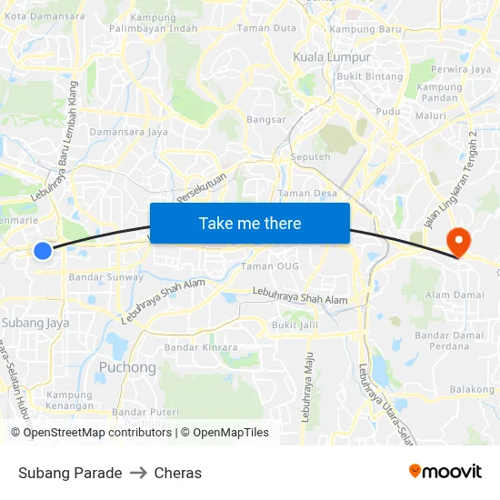 Subang Parade to Cheras map