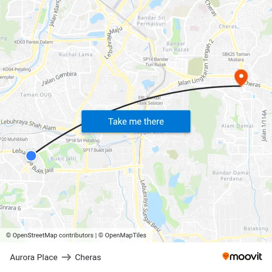 Aurora Place to Cheras map