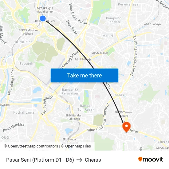 Pasar Seni (Platform D1 - D6) to Cheras map
