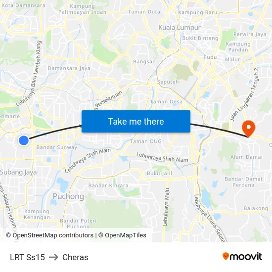 LRT Ss15 to Cheras map