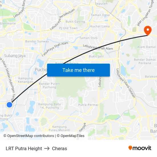 LRT Putra Height to Cheras map