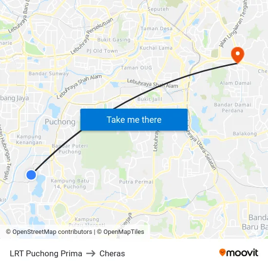 LRT Puchong Prima to Cheras map