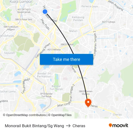 Monorail Bukit Bintang/Sg Wang to Cheras map