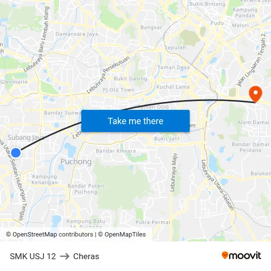 SMK USJ 12 to Cheras map