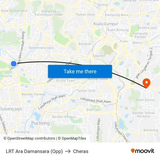 LRT Ara Damansara (Opp) to Cheras map
