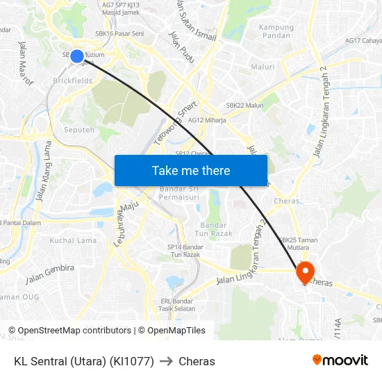 KL Sentral (Utara) (Kl1077) to Cheras map