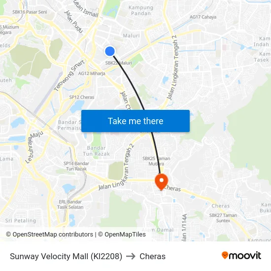 Sunway Velocity Mall (Kl2208) to Cheras map