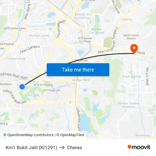 Km1 Bukit Jalil (Kl1291) to Cheras map