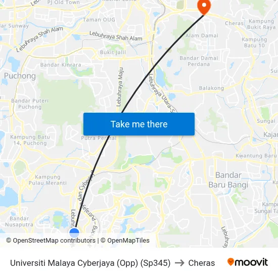 Universiti Malaya Cyberjaya (Opp) (Sp345) to Cheras map
