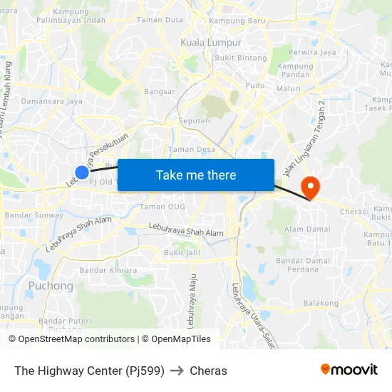 The Highway Center (Pj599) to Cheras map