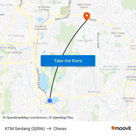 KTM Serdang (Sj596) to Cheras map
