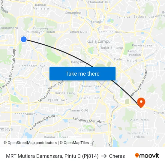 MRT Mutiara Damansara, Pintu C (Pj814) to Cheras map