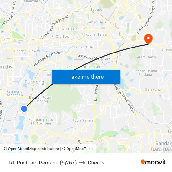 LRT Puchong Perdana (Sj267) to Cheras map