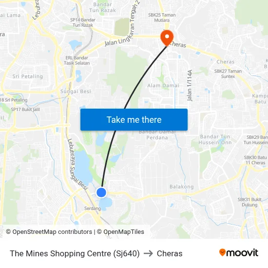 The Mines Shopping Centre (Sj640) to Cheras map