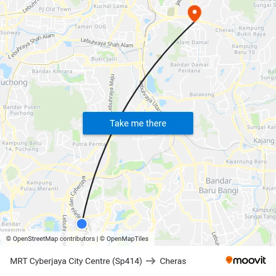 MRT Cyberjaya City Centre (Sp414) to Cheras map