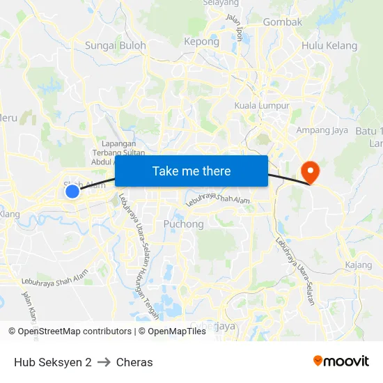 Hub Seksyen 2 to Cheras map