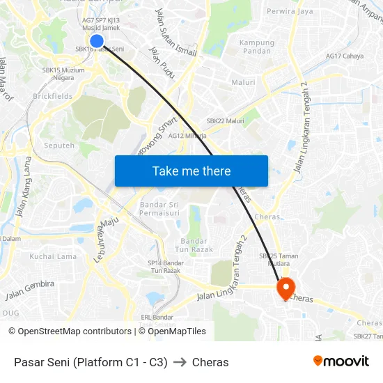 Pasar Seni (Platform C1 - C3) to Cheras map