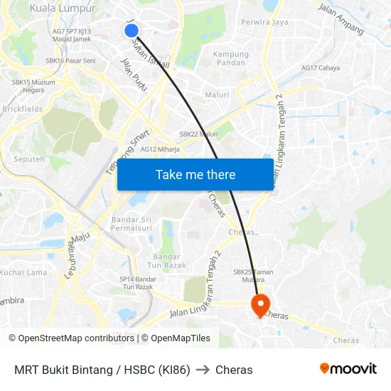 MRT Bukit Bintang / HSBC (Kl86) to Cheras map
