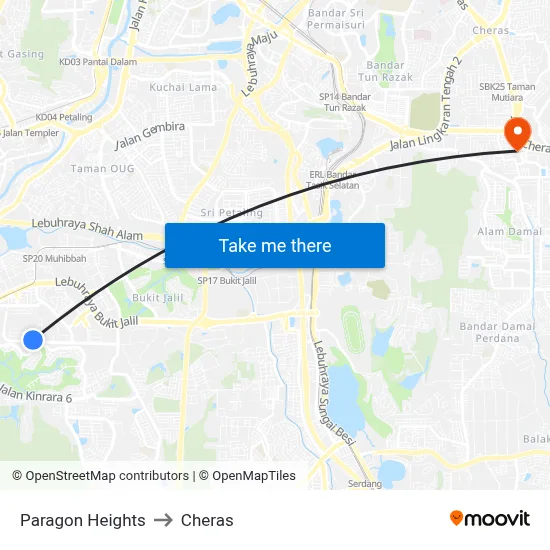 Paragon Heights to Cheras map