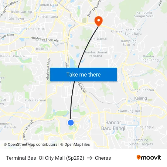 Terminal Bas IOI City Mall (Sp292) to Cheras map