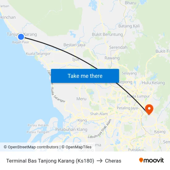 Terminal Bas Tanjong Karang (Ks180) to Cheras map