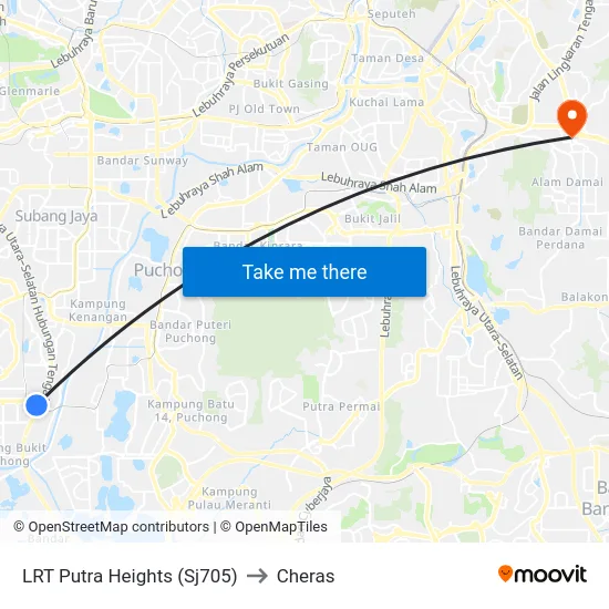 LRT Putra Heights (Sj705) to Cheras map