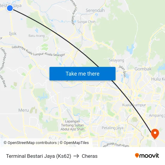 Terminal Bestari Jaya (Ks62) to Cheras map