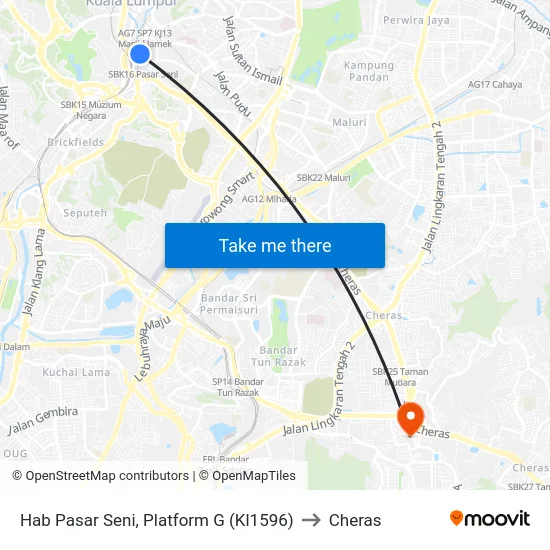 Hab Pasar Seni, Platform G (Kl1596) to Cheras map