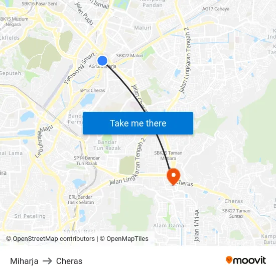Miharja to Cheras map