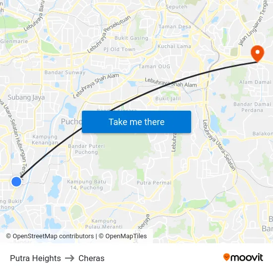 Putra Heights to Cheras map