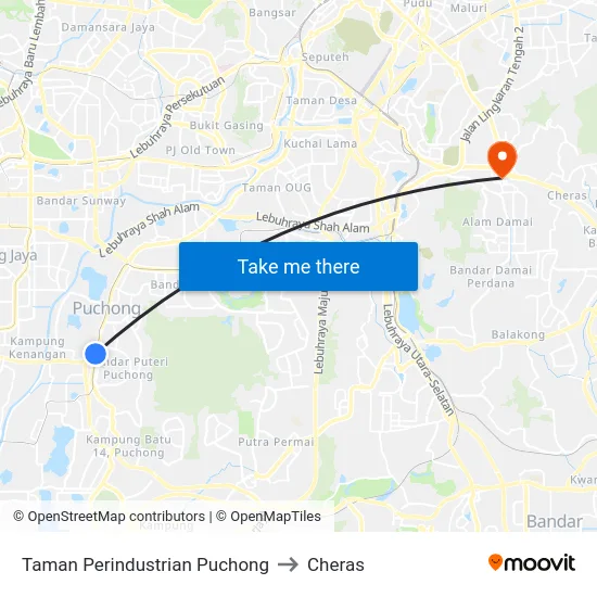Taman Perindustrian Puchong to Cheras map