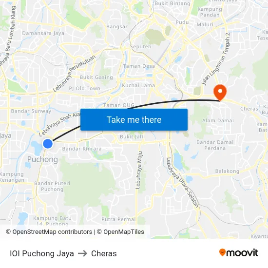 IOI Puchong Jaya to Cheras map
