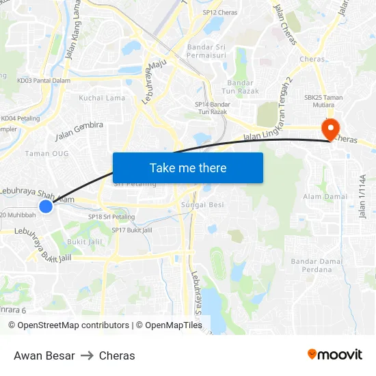 Awan Besar to Cheras map