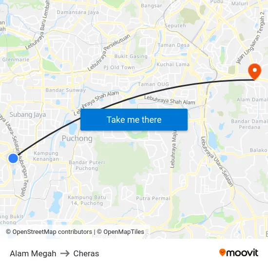 Alam Megah to Cheras map