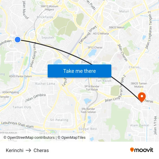 Kerinchi to Cheras map