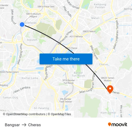 Bangsar to Cheras map