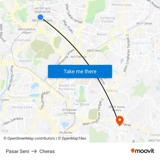 Pasar Seni to Cheras map