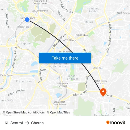 KL Sentral to Cheras map