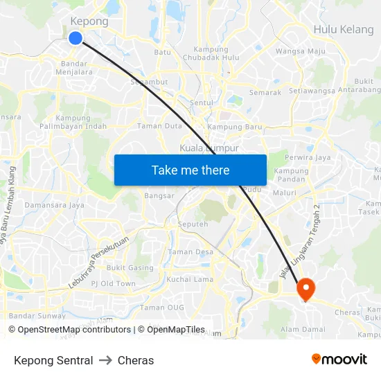 Kepong Sentral to Cheras map