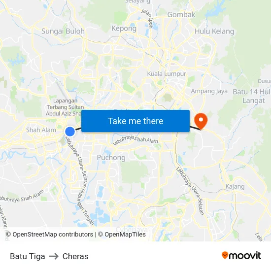Batu Tiga to Cheras map