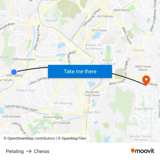 Petaling to Cheras map