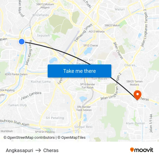 Angkasapuri to Cheras map