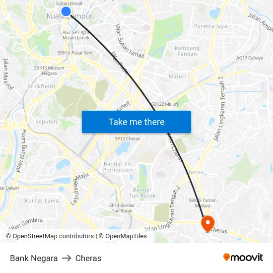 Bank Negara to Cheras map
